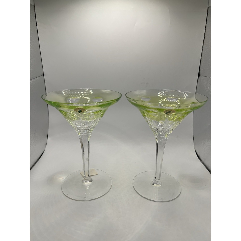 Waterford Crystal Simply Lime Green Cut Crystal Martini Glasses NIB